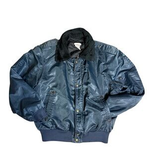 Women's Navy Bomber Jacket with Black Fur Collar Vintage Made In Canada 90s